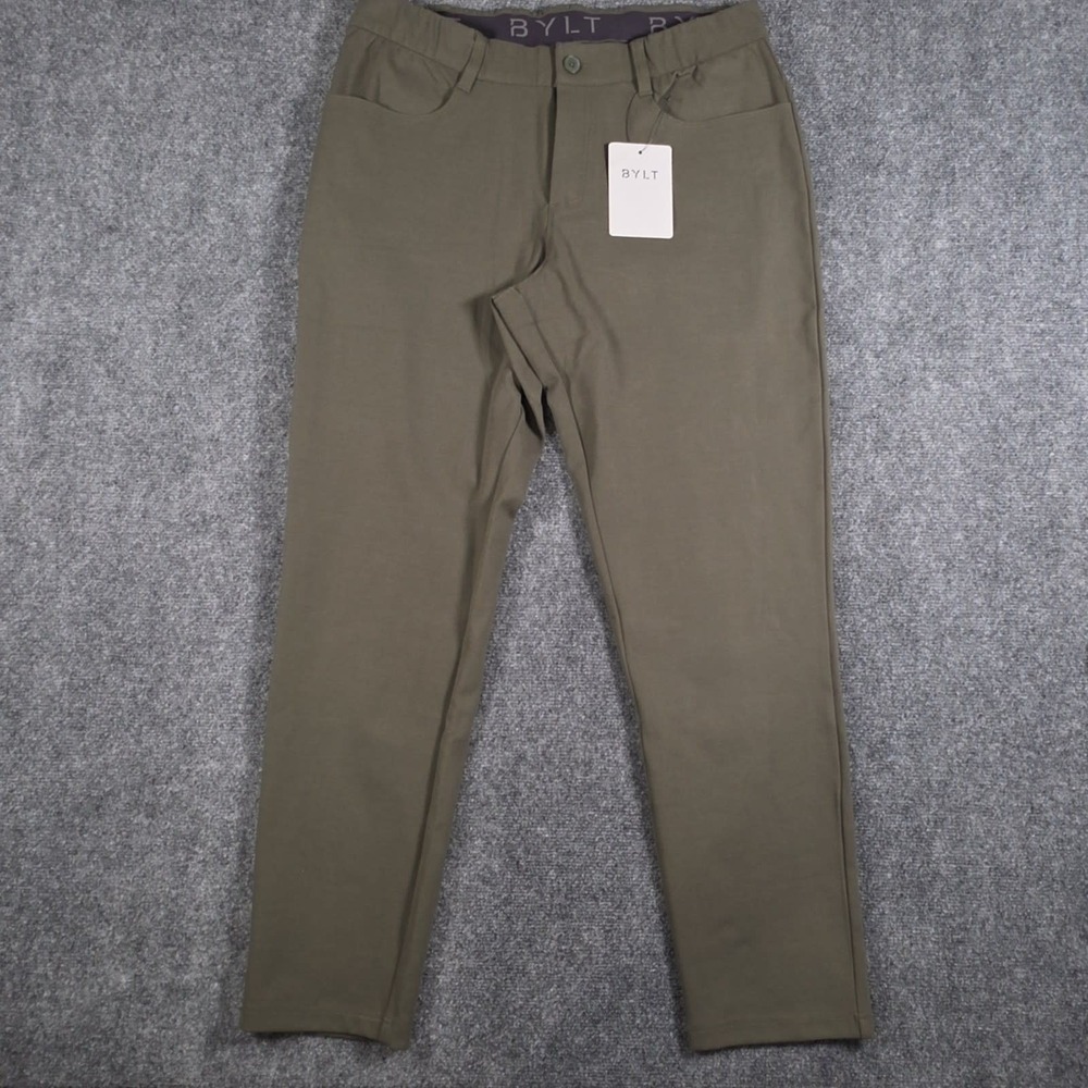 NWT BYLT Lux Pants Mens 34x30 Dark Olive Stretch Bamboo Slim Chino 5 Pocket